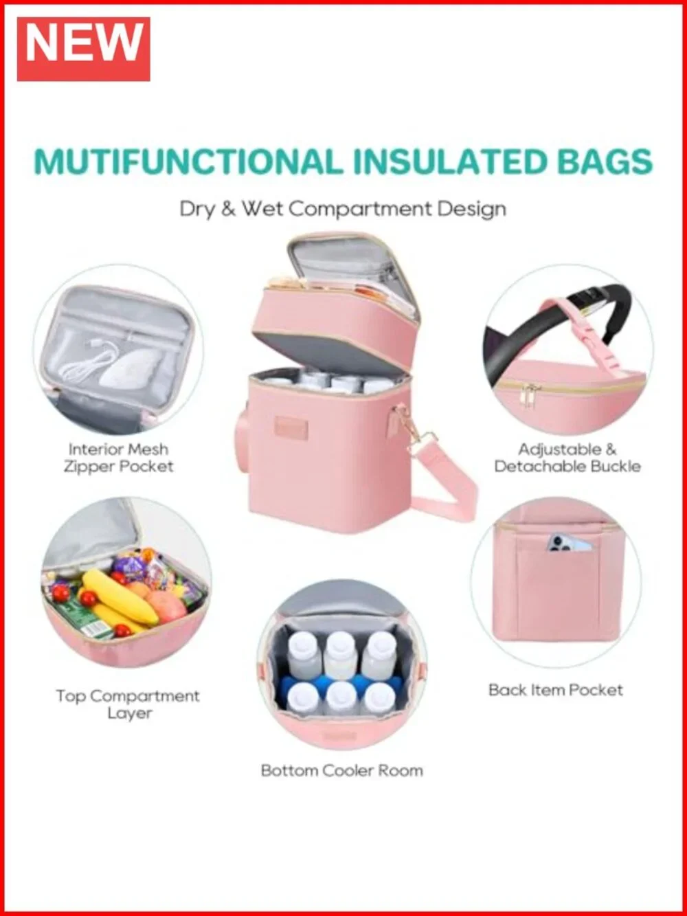 Breastmilk Cooler Bag Insulated Bottle Tote w/ Ice Pack Fits 6 Bottles